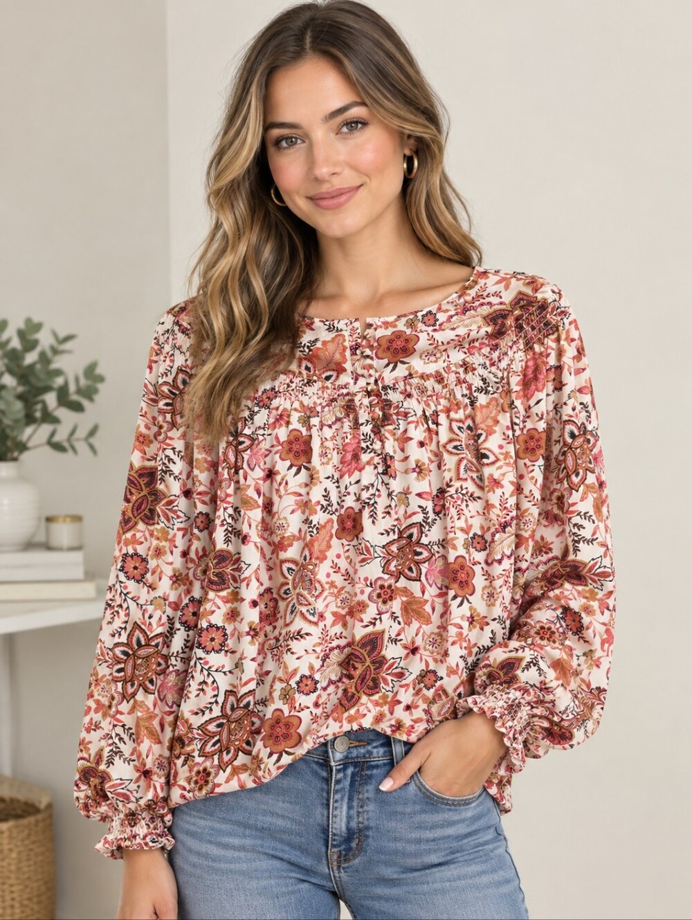 LOFT Perfect Autumn Floral lightweight Mixed Media Blouse